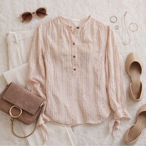 Rebecca Taylor 100% Silk Blush Pink Sheer Textured Blouse Buttons Ties EUC